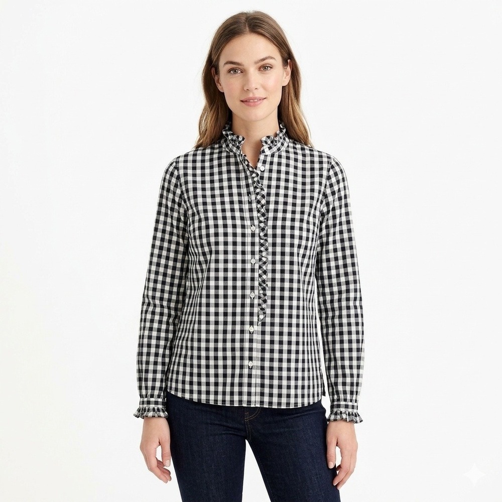 J.Crew Black White Gingham Ruffle Neck Blouse Size 0 Cotton Preppy Office Work